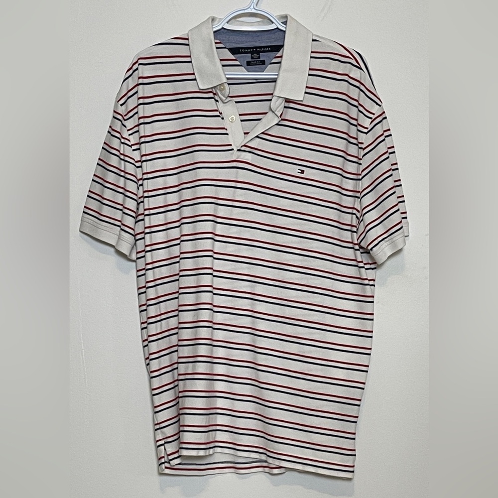 Tommy Hilfiger Men's Striped Polo Shirt - White and Red